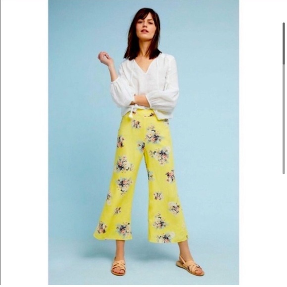 Anthropologie Feather Bone Talese Yellow Floral Cropped Flares Size 4 - Picture 1 of 12